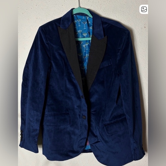 John Stephen 5 Carnaby St Blue Velvet Blazer with Black Lapel.4O R NWT